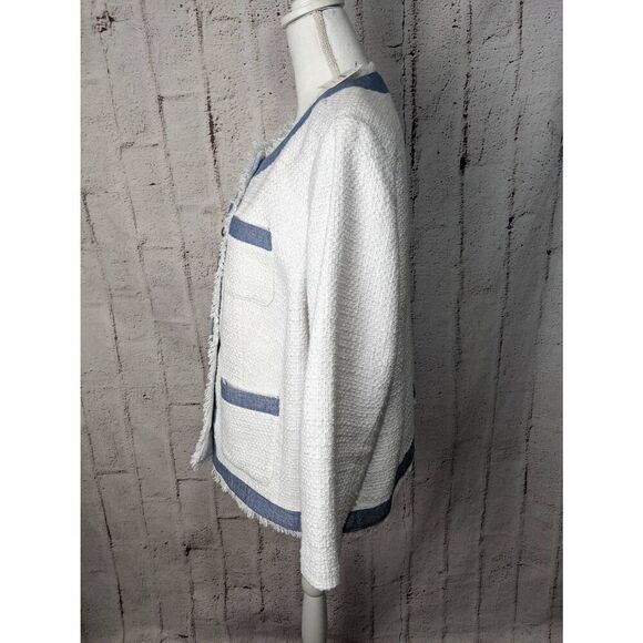 Talbots‎ NWT Tweed Texture White Blazer w Denim Trim Fringe Edge Sz 14 New - Picture 2 of 8